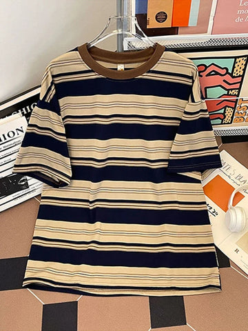 Riolio Summer Hip Hop Fashion Striped T Shirt For Men Cotton Casual Short Sleeve O-Neck T-shirts Y2K Streetwear Aesthetic Tee Tops